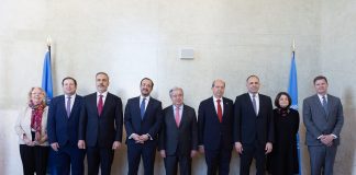 UN Photo/Violaine Martin UN Secretary-General António Guterres (centre) gathers with other participants of a meeting in Geneva focused on Cyprus.