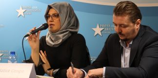 Hatice Cengiz speaking at Brussels press conference