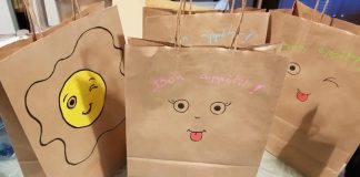 Brown paper bags with drawings