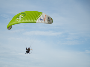 Sacha Dench mid-flight on paramotor