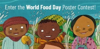 Hand drawn cartoon characters of children to promote FAO's World Food Day poster contest.