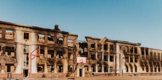 A destroyed school after heavy shelling in Kharkiv, northeast Ukraine on 18 March 2022
