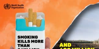 World No Tobacco Day poster 2024 - Cigarette package with a warning and a fact about trees