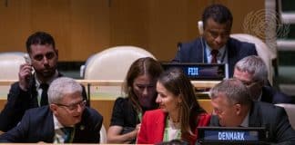 Christina Markus Lassen, permanent representative of Denmark to the UN (centre) and Lars Løkke Rasmussen Denmark´s Foreign Minister at the General Assembly