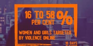 Background and faded image of a hacker with text superimposed saying 16 to 58 per cent of women and girls have been targeted by violence online