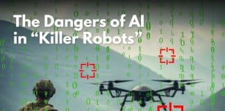 Soldier operating a large drone, with 'The Dangers of AI in 'Killer Robots' writen on the image