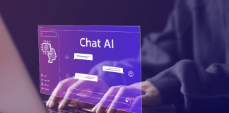 image of a person using a laptop with Chat AI holographic image displayed