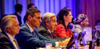 Secretary-General António Guterres (centre), addresses the high-level multi-stakeholder informal meeting to launch the Global Dialogue on Artificial Intelligence (AI) Governance.
