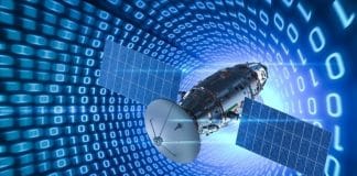Satellite on binary code background