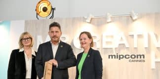 Lucy Smith, Director of MIPCOM conferences, Caroline Petit, Deputy Director of UNRIC, and Brendan Fitzgerald, CEO of Secuoya Studios.