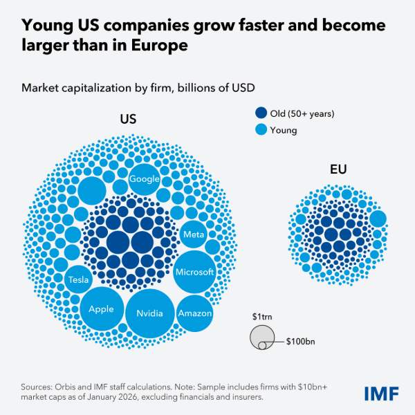 Data showing young US companies grow faster and become larger than in Europe