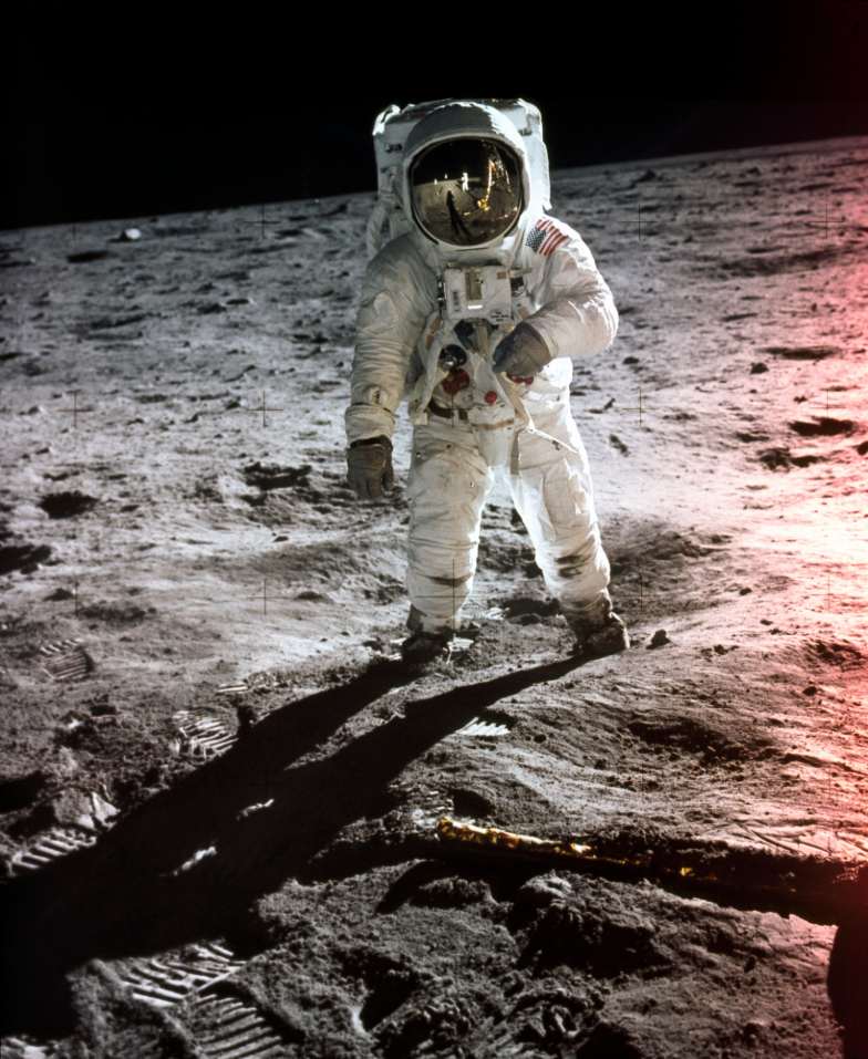 Edwin E. Aldrin Jr., walks on the surface of the Moon