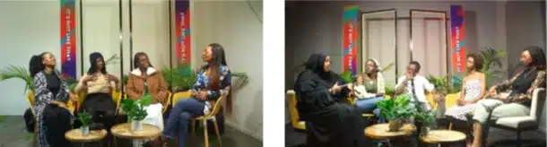 Podcast speakers discussing around coffee table