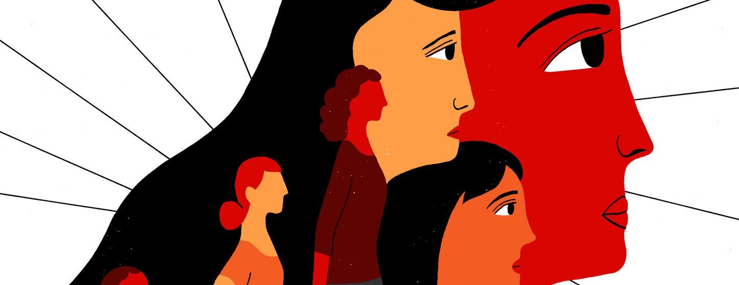 Composición gráfica con rostros de mujeres en tonos rojo, negro y blanco