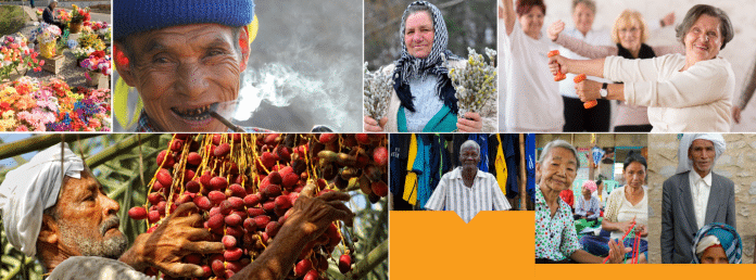 Kansainvälinen ikäihmisten päivä. Yhdistelmäkuva: © Benny Manser/UNFPA, Marcel Crozet / ILO, ILO/Apex Image, J. Aliling / ILO, Rajindra Ariyabandu/ESCAP, Amer Kapetanovic/UNFPA Bosnia ja Hertsegovina