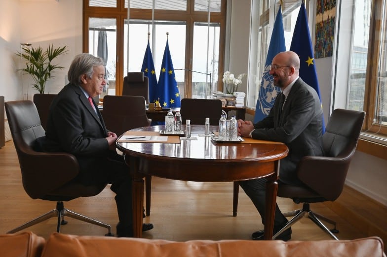 Guterres og Charles Michel formaður ráðherraráðs ESB.