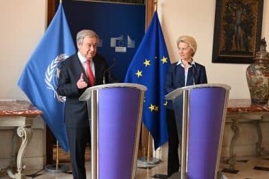 Blaðamannafundur Guterres og von der Leyen.