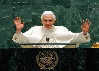 Pope Benedict XVI is addressing the United Nations