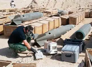 30 Novembre – Giornata della Memoria per tutte le vittime della guerra chimica Un membro del team UNSCOM proveniente dagli Stati Uniti ispeziona una bomba riempita con 500 kg di iprite dotata di un sistema a risonanza sonar.