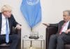 Storbritanniens premiär minister Boris Johnson diskuterar med António Guterres