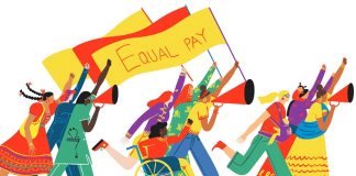 Kvinnor som marscherar för "Equal Pay" i protesttåg