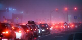 Avgas från bilar fast i traffik