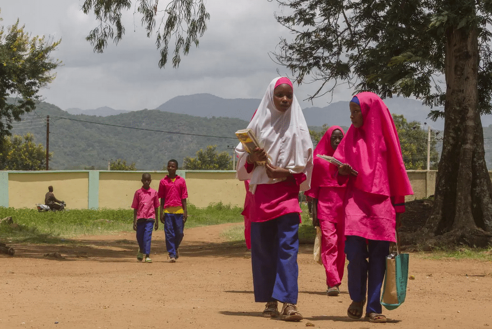 Studenter på väg till skolan i Nigeria. De är på väg till Gyezmo Elementary School, som får medel öronmärkta för flickors utbildning. UNICEF / Esiebo