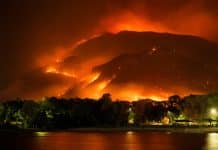 En silhuett av en stad över vattnet upplyst av en skogsbrand i bakgrunden