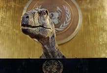 En dinosaure i en talarstol