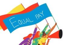 En illustration av en grupp människor som springer med en flagga med texten Equal pay