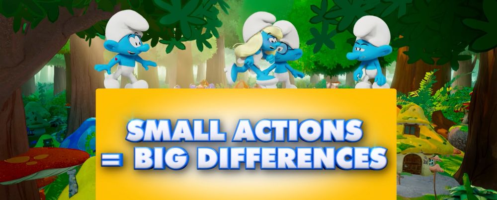 Smurfarna och texten Small actions make a big difference