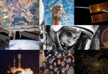 Ett collage med rymdrelaterade bilder