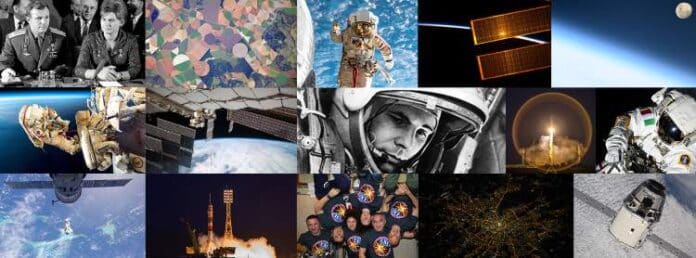 Ett collage med rymdrelaterade bilder