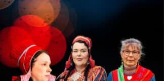 Ett collage med tre kvinnor i traditionell samisk klädsel
