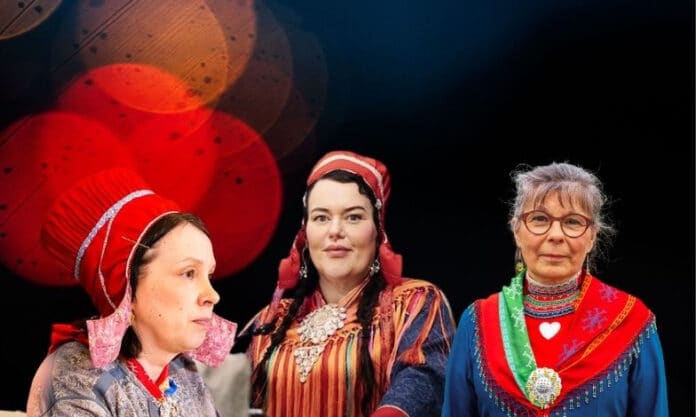 Ett collage med tre kvinnor i traditionell samisk klädsel